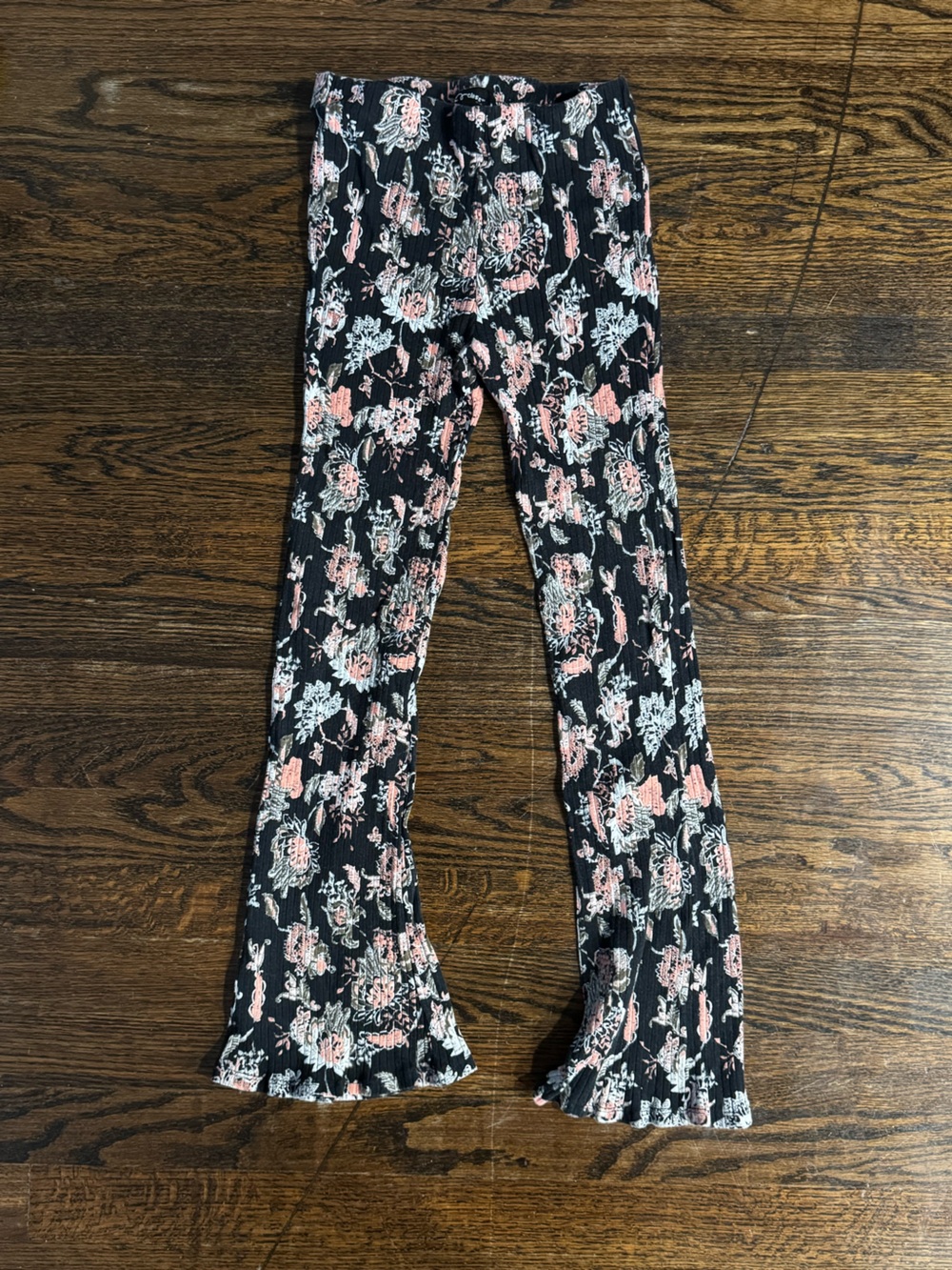 art class Black Floral Ribbed Bell-Bottom Pants with Pink and White Flowers
